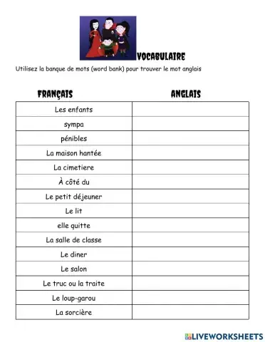 La famille vampire : activite de vocabulaire