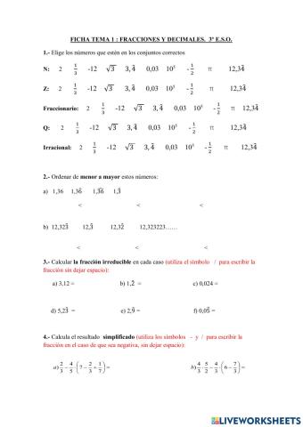 FICHA FRACCIONES Y DECIMALES 3º ESO -1