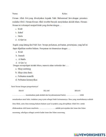 Soal ulangan Akidah akhlak