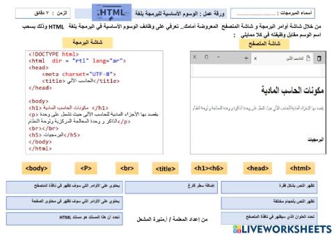 ورقة عمل الأوامر الأاساسية للبرمجة بلغة html