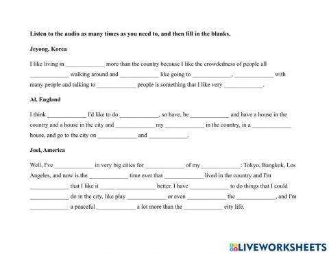 Hometown-6 ppl City or Country Dictation Exercise