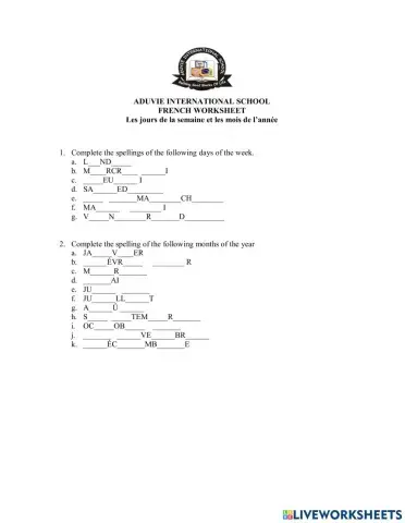 Days of the week and months of the year in french