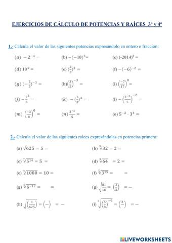 Cálculo de potencias y raices 3º y 4º ESO