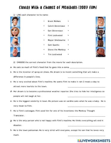 Cloudy with a Chance of Meatballs Movie worksheet