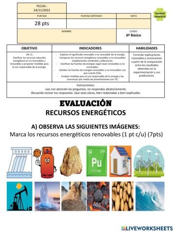 Evaluación energías renovables y recursos energéticos 6º básico Ciencias Naturales