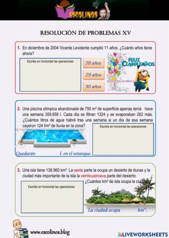 Matemáticas 5º. Resolución de problemas XV