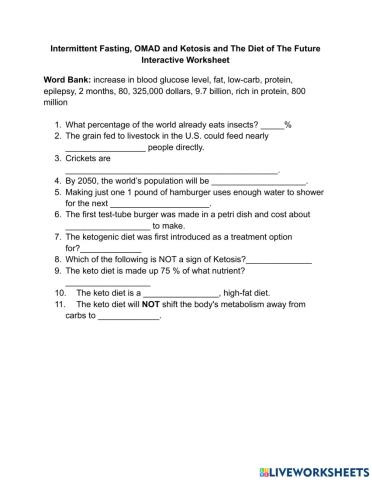 Intermittent Fasting, OMAD and Ketosis and The Diet of The Future Interactive Worksheet
