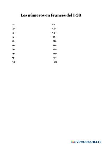 Números en Francés del 1-20 para 1 ESO