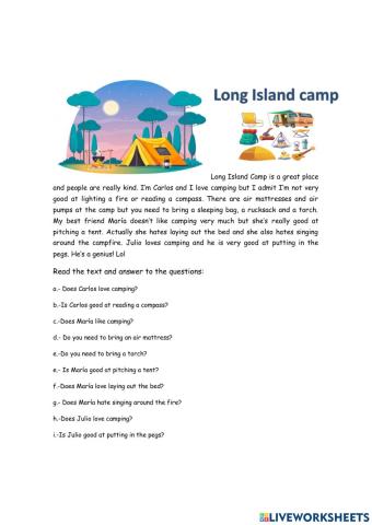 Reading comprehension camping