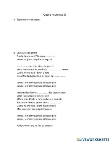 Exercice chanson quelle heure est-il