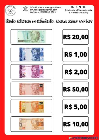 Relacione a cédula com seu valor