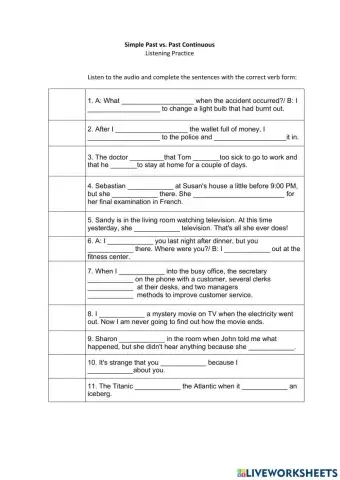 Simple Past vs. Past Continuous Listening 1