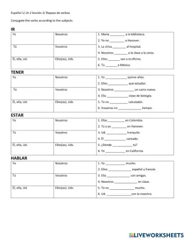 Conjugations IR, TENER, ESTAR, HABLAR