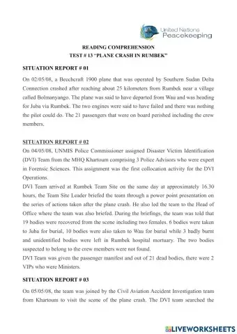 Reading comprehension test - 13 “plane crash in rumbek”