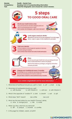 Reading CLB 3.4 Comprehending Information - Understand Dental Health Infographic