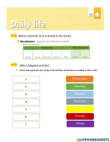Days of the week and daily routines