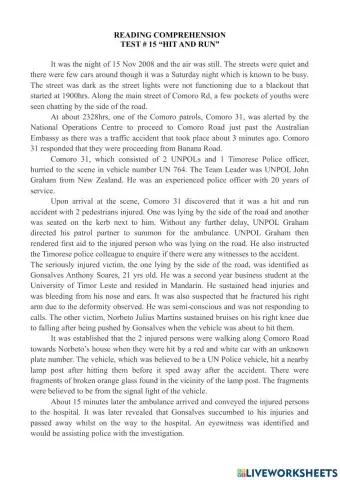 Reading comprehension test - 15 “hit and run”