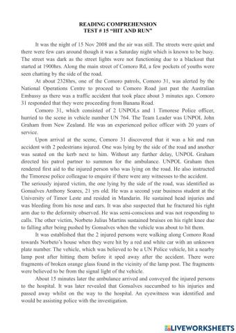 Reading comprehension test - 15 “hit and run”