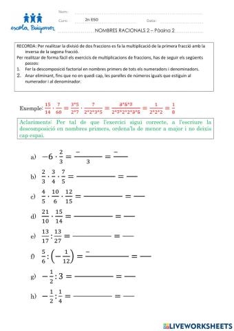 Exercicis Nombre racionals 2 - LWS pàgina 2A (Multiplicacions i divisions)