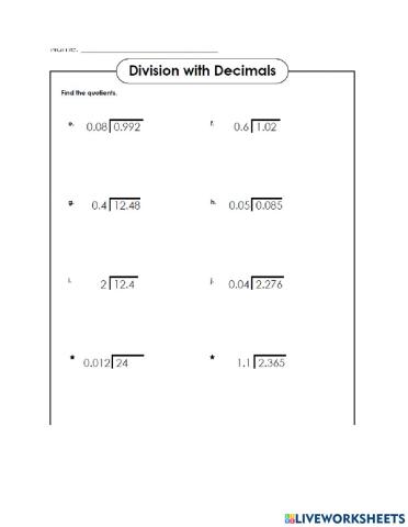 Dividing decimals worksheet 2