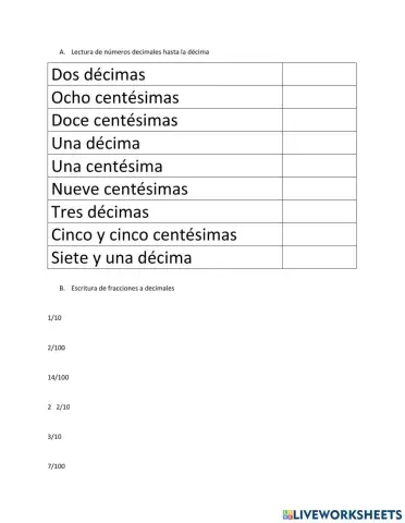 Lectura de decimales hasta la centésima