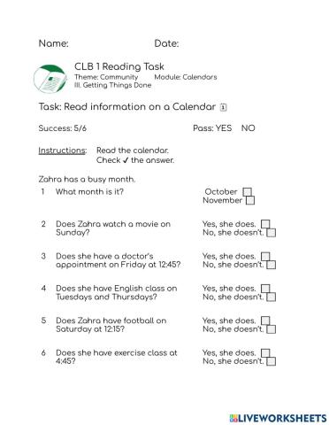CLB 1: Reading TASK Calendars