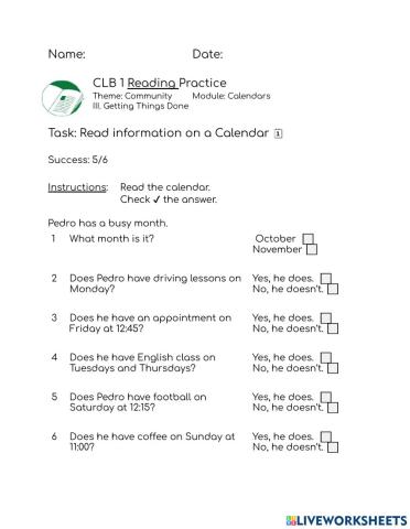 CLB 1: Reading Practice Calendars