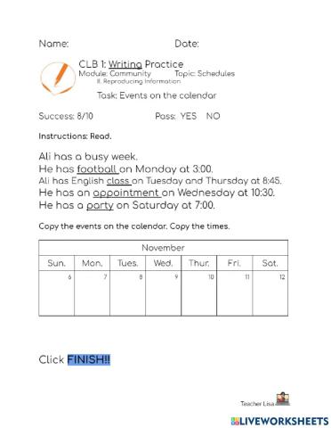 CLB 1: Writing Practice Calendars
