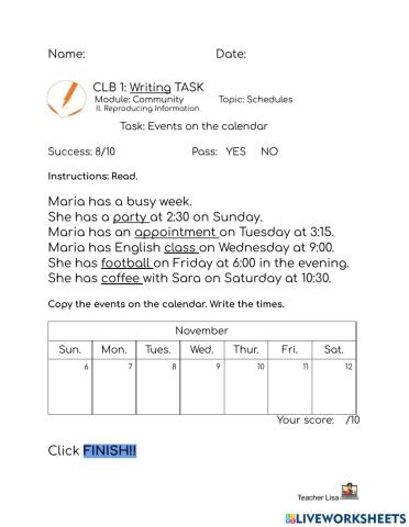 CLB 1: Writing TASK Calendars