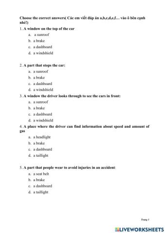 Tn2unit4multiple choice- car parts