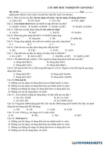 Hóa học 9 - ÔN TẬP GIỮA KÌ I