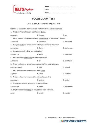 Vocabulary test unit 6. short-answer question