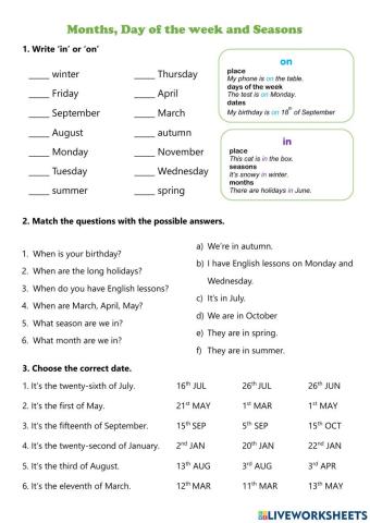 Months, days of the week and seasons