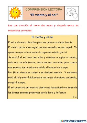 Comprensión lectora: el sol y el viento