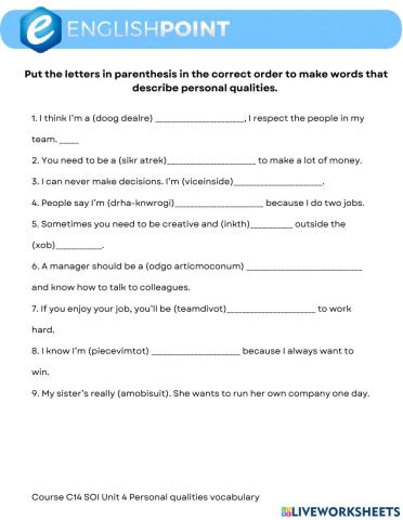 Personal qualities vocabulary - Speakout  Intermediate