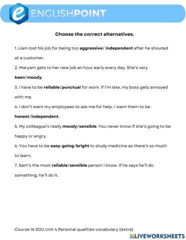 Personal qualities vocabulary extra - Speakout intermediate