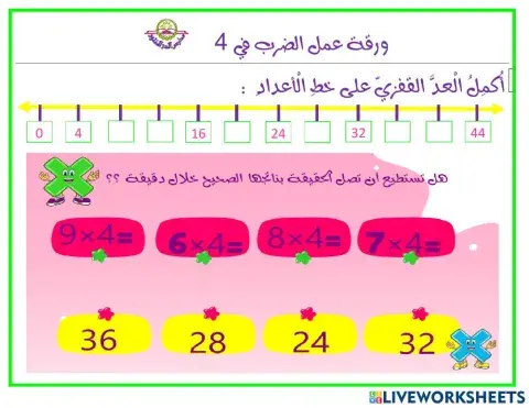ورقة عمل الضرب في 4