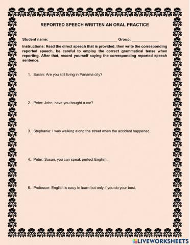 Written and Oral practice for Reported speech