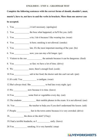 English 8 - Unit 4 - Grammar Test
