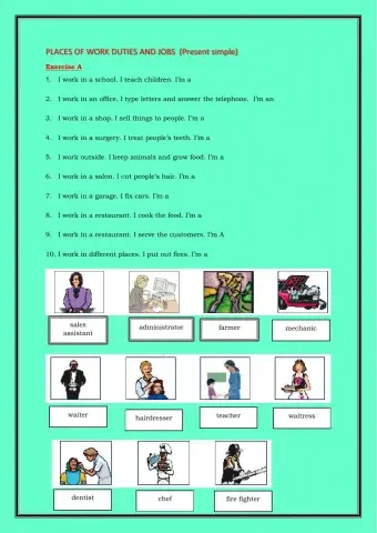 Places of work duties and jobs (present simple)