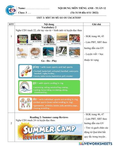 Nội dung học tuần 12 Tiếng Anh NIK3