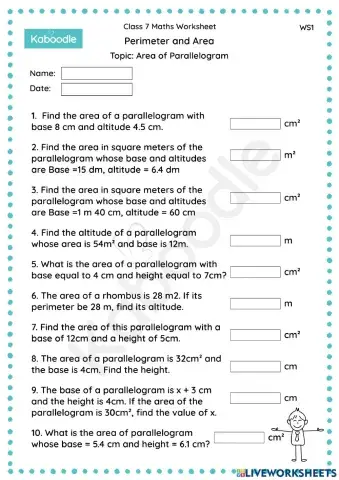 Perimeter and Area (Area of Parallelogram)