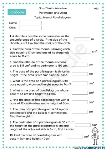 Perimeter and Area (Area of Parallelogram)