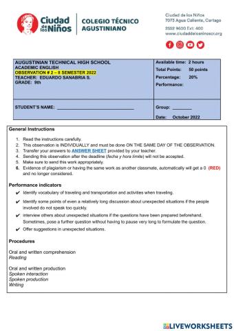 (SP)  OBSERVATION -2 - 9th GRADE - AUGUSTINIAN TECHNICAL HIGH SCHOOL