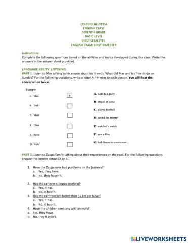 First bimester exam Seventh grade