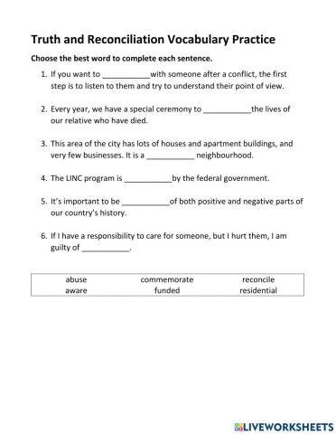 Truth and Reconciliation Vocabulary Practice