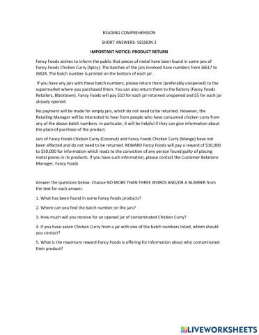 Reading comprehension- short answers