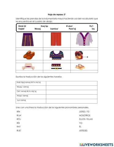 Pronombres personales, indumentaria maya, números