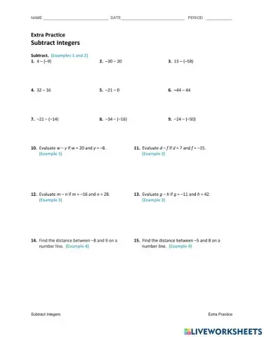 Grade 7 Subtracting integers