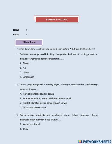 Soal evaluasi pencemaran lingkungan